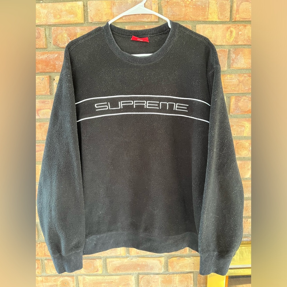 Supreme Polartec Large Black Crewneck with White Chest Stripe Logo